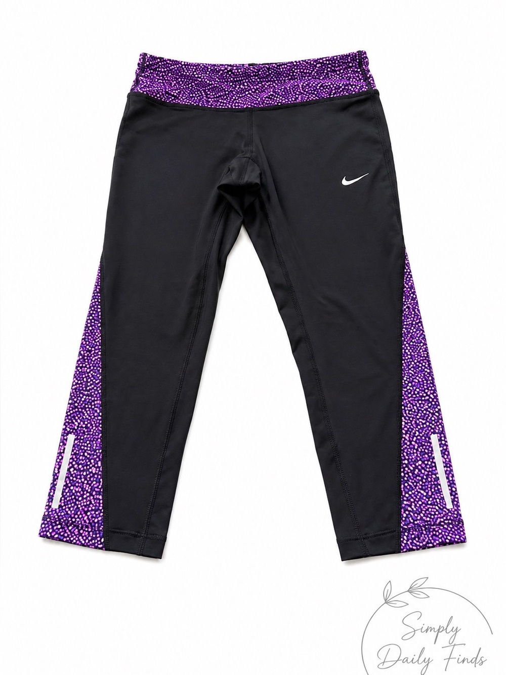 Nike Black Leggings with Purple Patterned Waistband & Side Panels